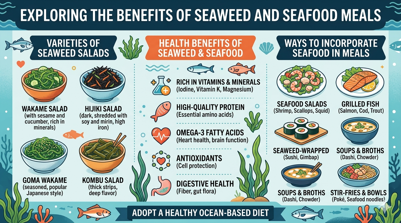 Infographic illustrating types of edible seaweed and seafood ingredients used in meals.
