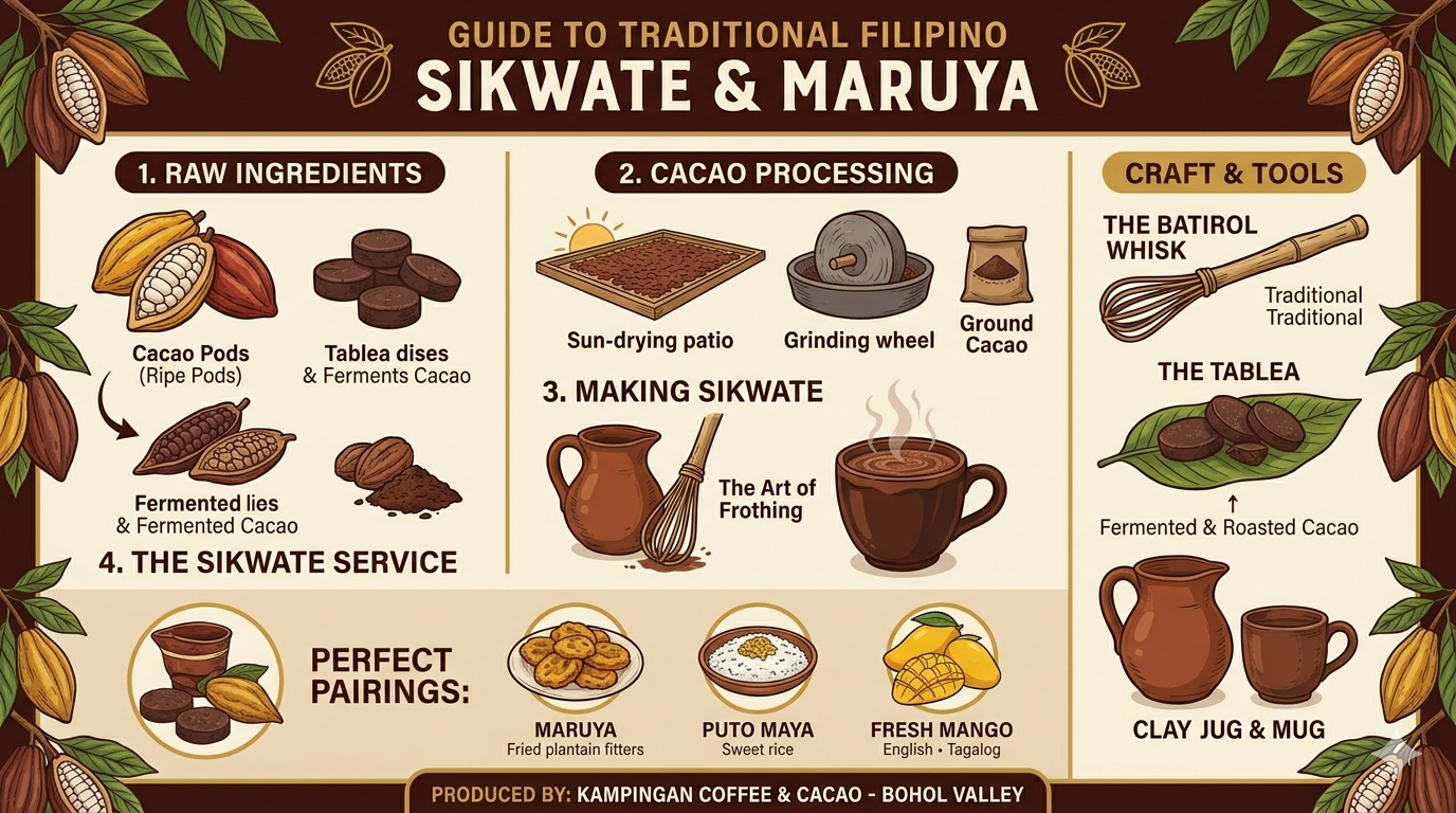 Illustrated layout showing cacao tablea tablets, hot water, batirol whisk, and a cup of sikwate arranged as a preparation sequence