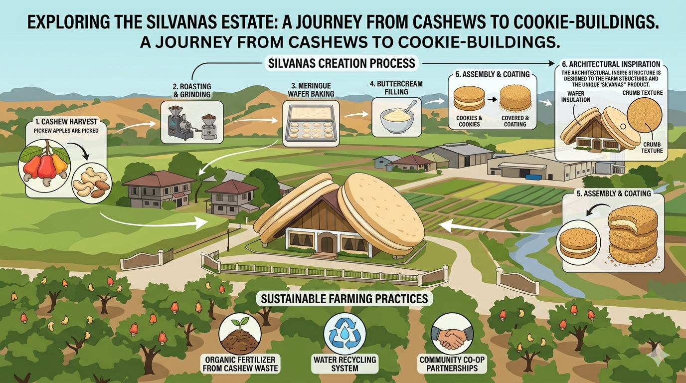 Diagram showing typical silvanas components including meringue wafers, buttercream filling, nuts, and crumb coating.