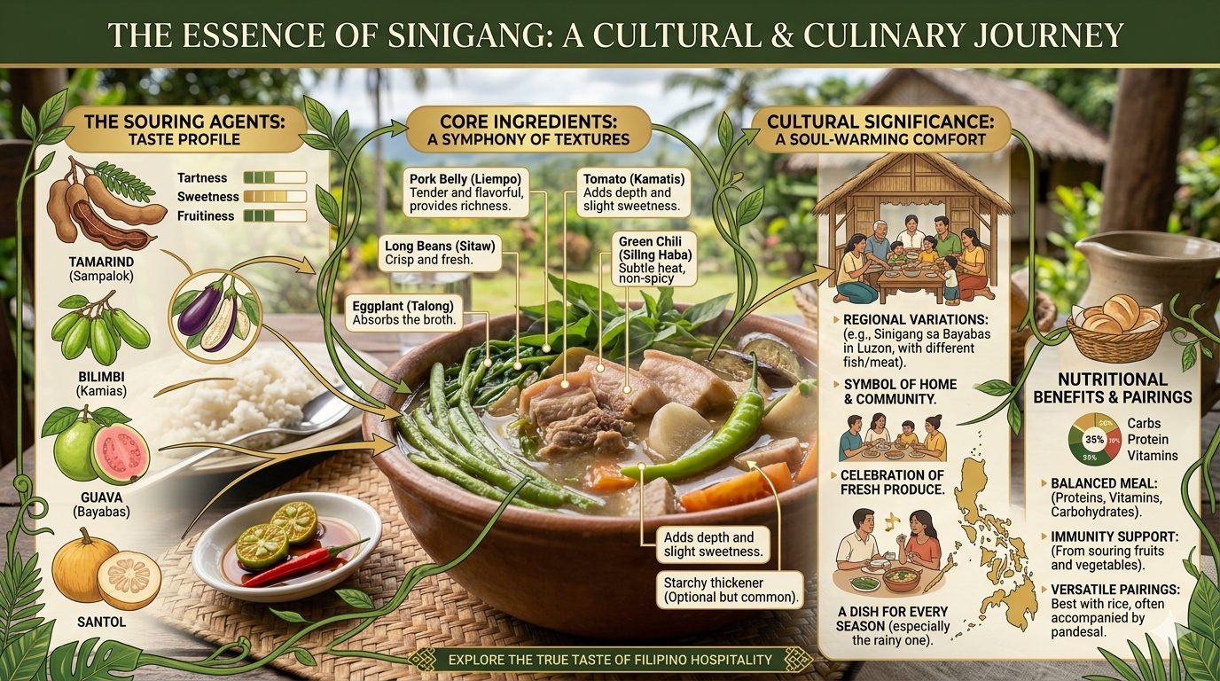 Infographic showing common ingredients used in sinigang and their nutritional categories