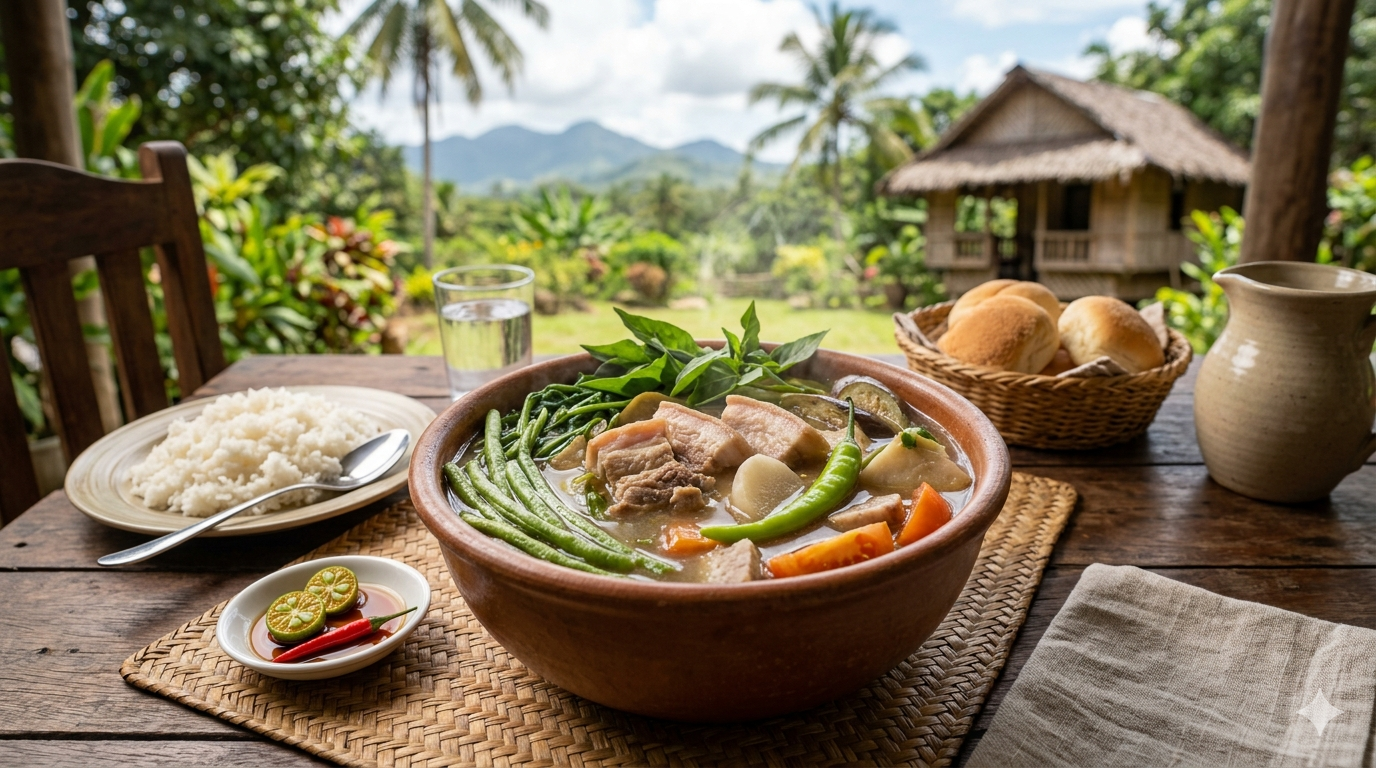 A bowl of sinigang with assorted vegetables and protein on a neutral background