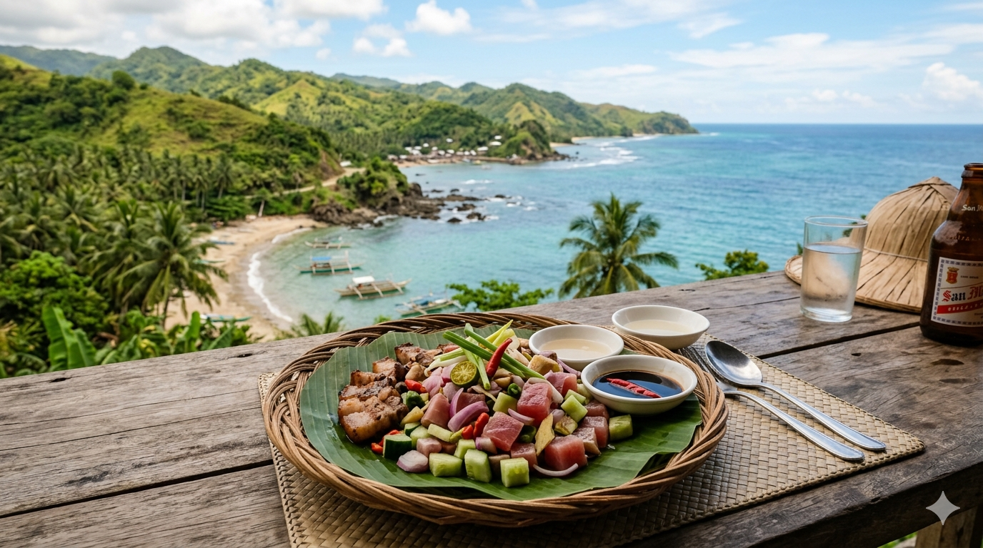 Top view of a plate of Samar-style Sinuglaw with grilled meat and fish, garnished with vegetables.