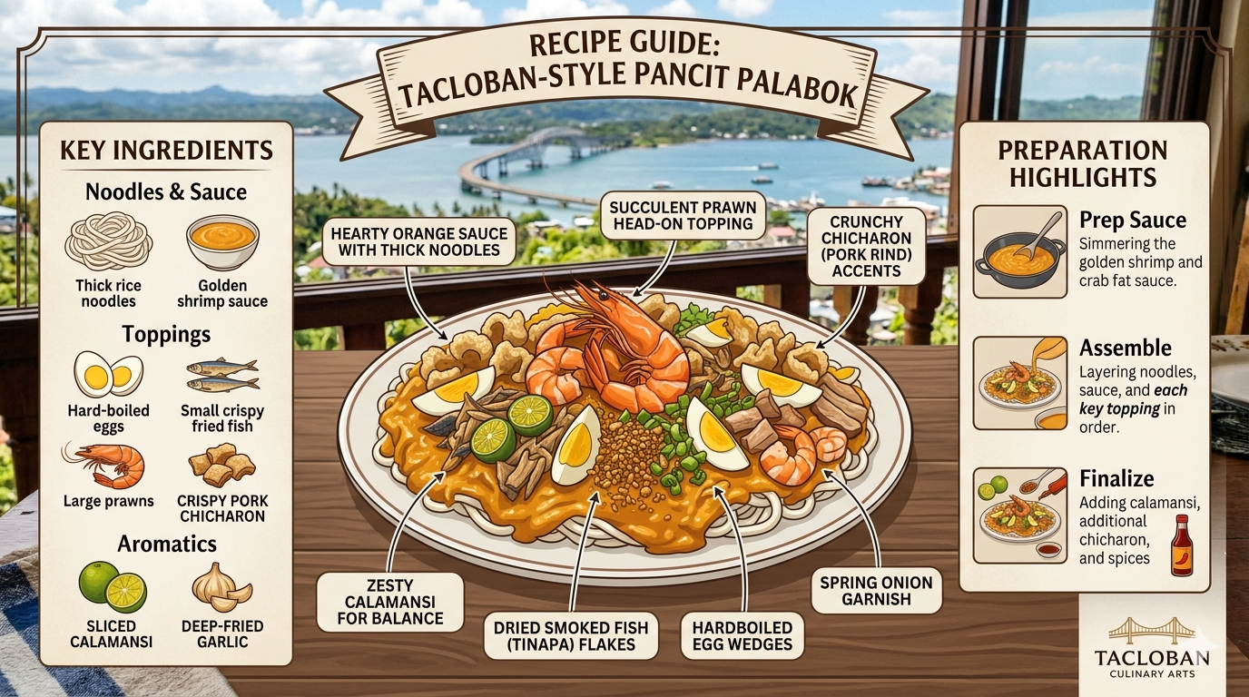 Infographic showing typical ingredients of Tacloban-style Pancit Palabok