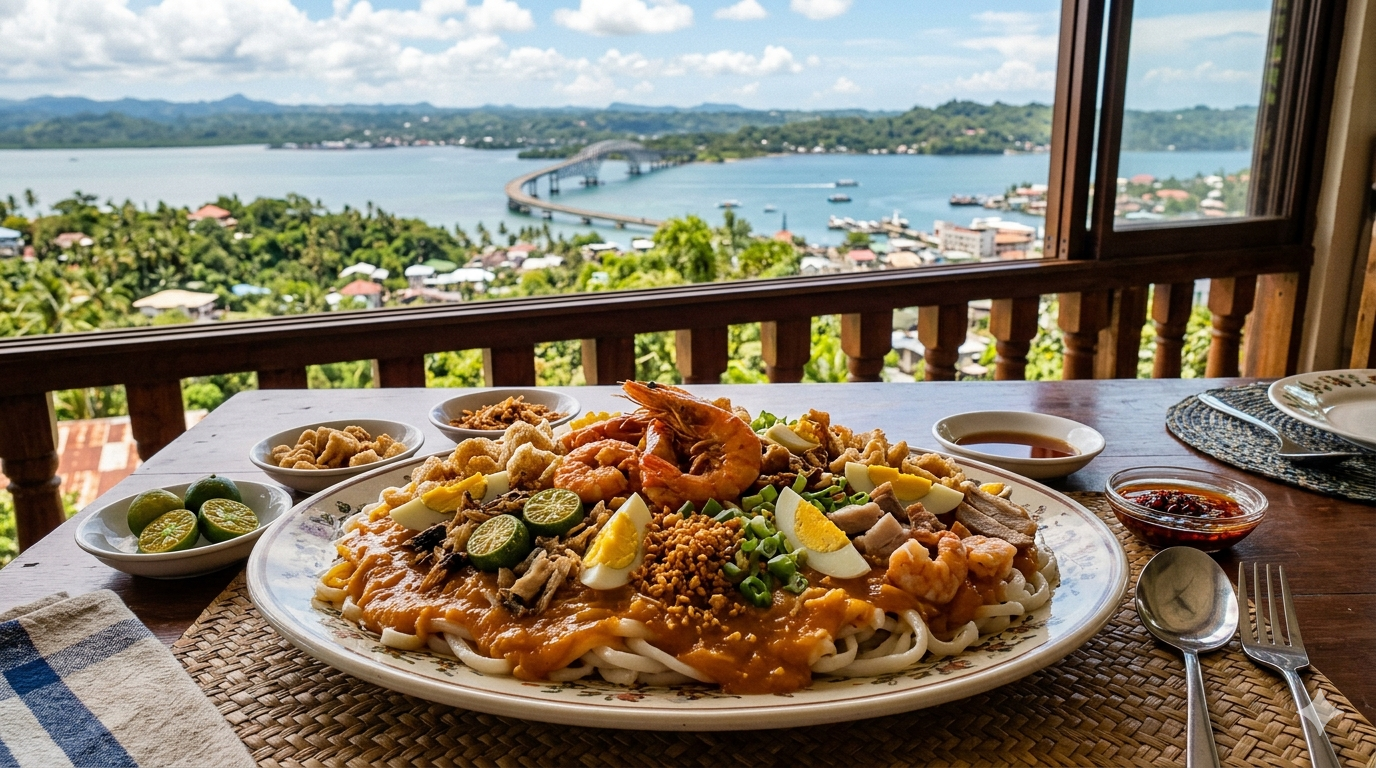 Plate of Tacloban-style Pancit Palabok with shrimp, eggs, and garnishes