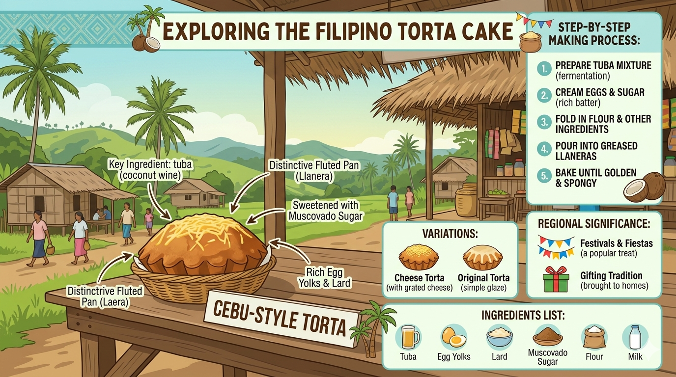 Infographic illustrating common torta ingredients and simplified baking steps