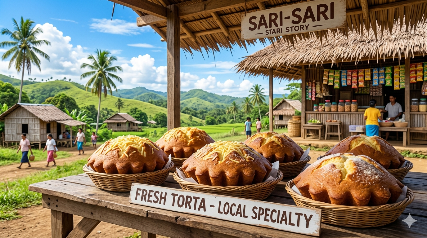 Small round torta cakes with lightly browned tops arranged on a wooden table