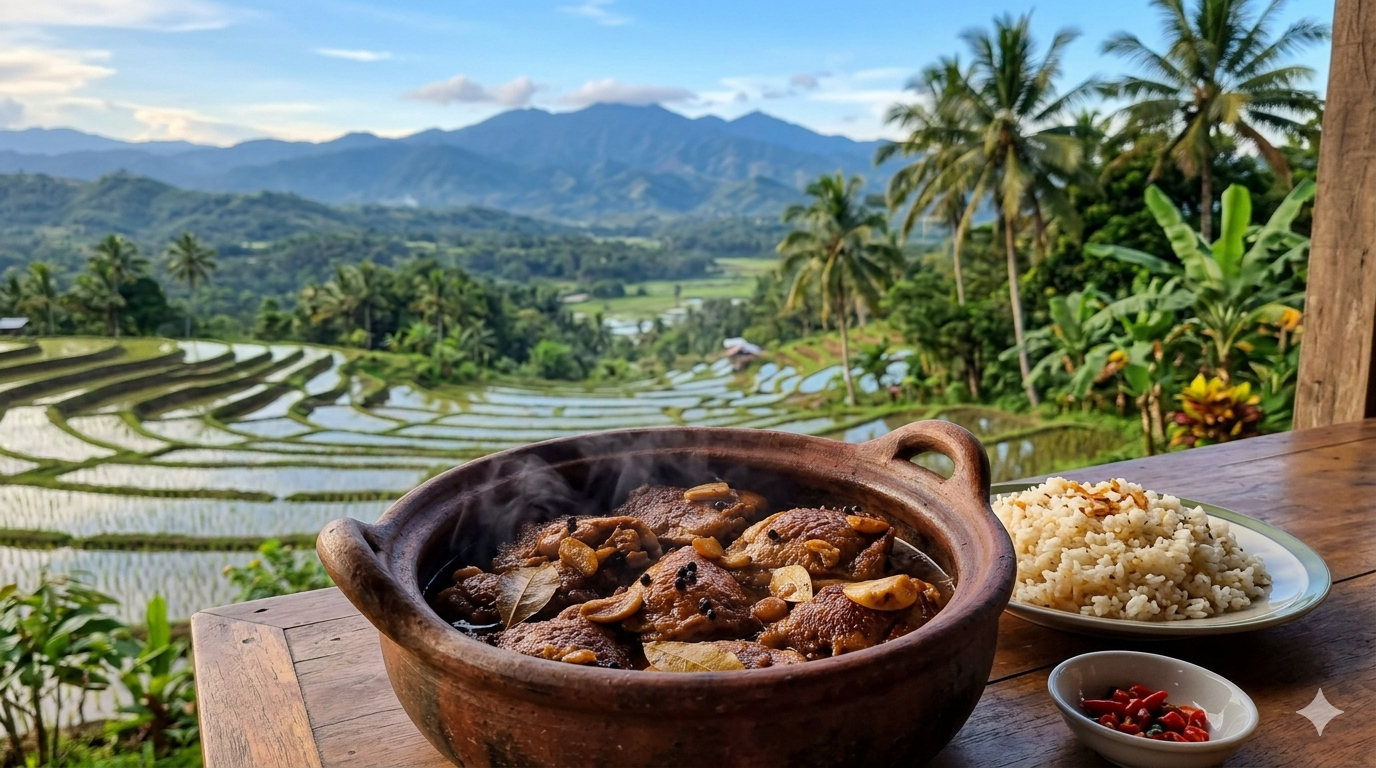 Plate of chicken and pork adobo with rice and vegetables