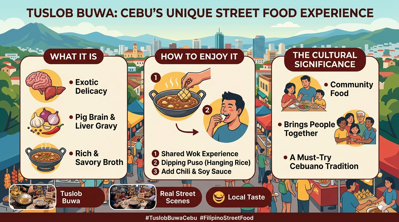 Infographic showing Tuslob Buwa ingredients and cooking steps