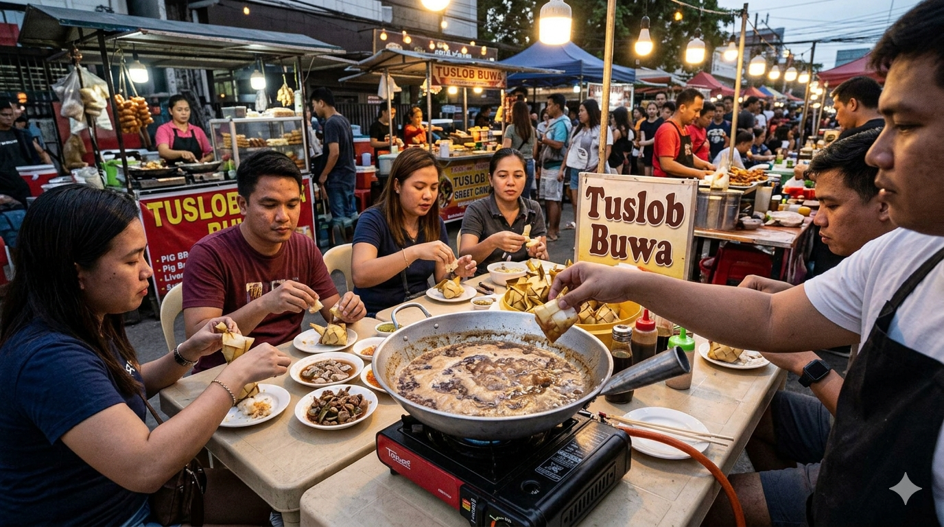 Visual of Tuslob Buwa dish with bubbling mixture in a pan