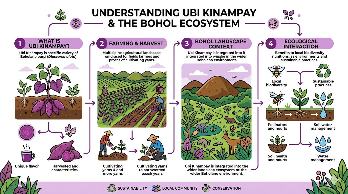 Infographic showing Ubi Kinampay origin, physical characteristics, and common culinary applications in the Philippines
