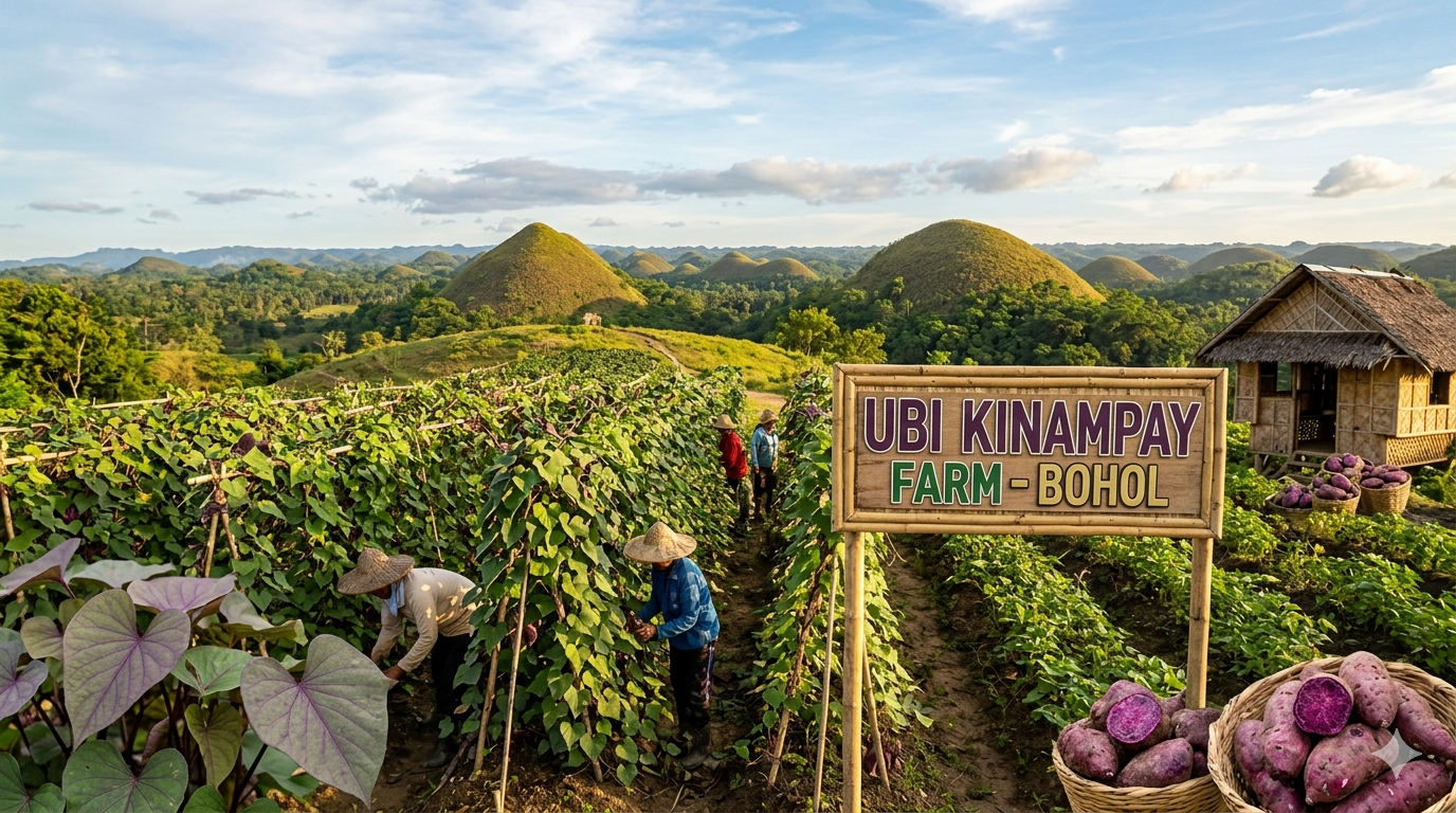Fresh Ubi Kinampay purple yam tubers with deep violet flesh displayed on a wooden surface