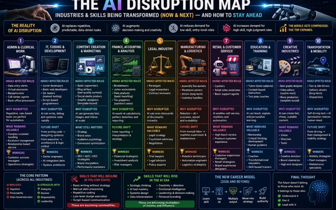 The AI Disruption Map: Industries & Skills Being Transformed (Now & Next) — And How to Stay Ahead