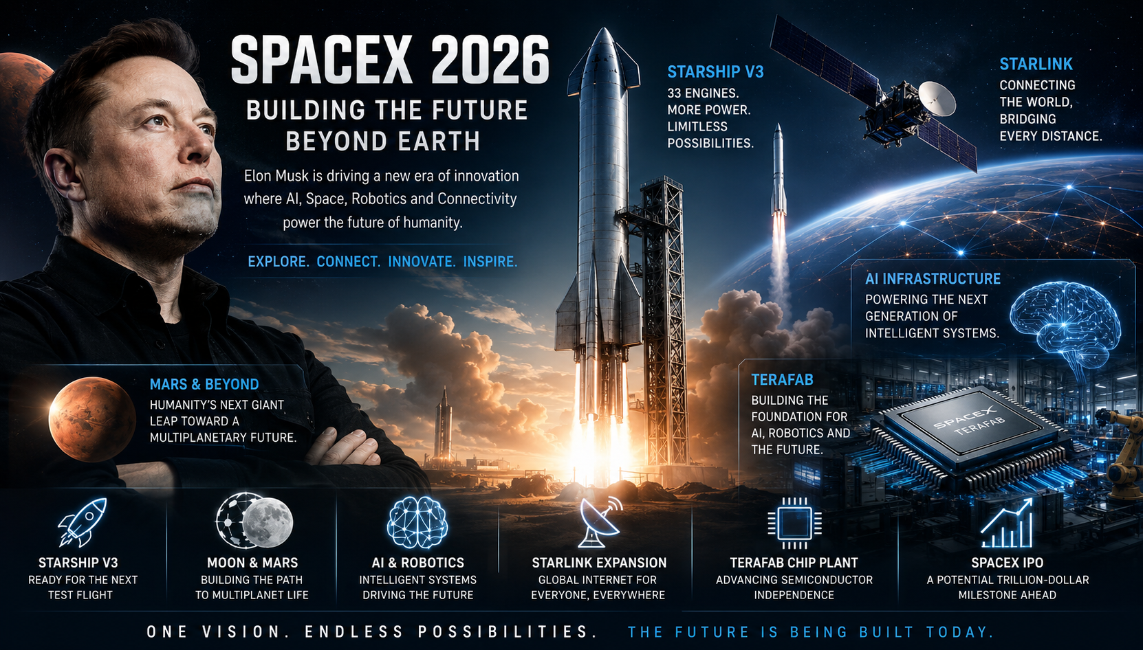 Space Technology and Robotics Environment Visual Rocket launch systems, robotics equipment, and digital technology interfaces in a futuristic environment