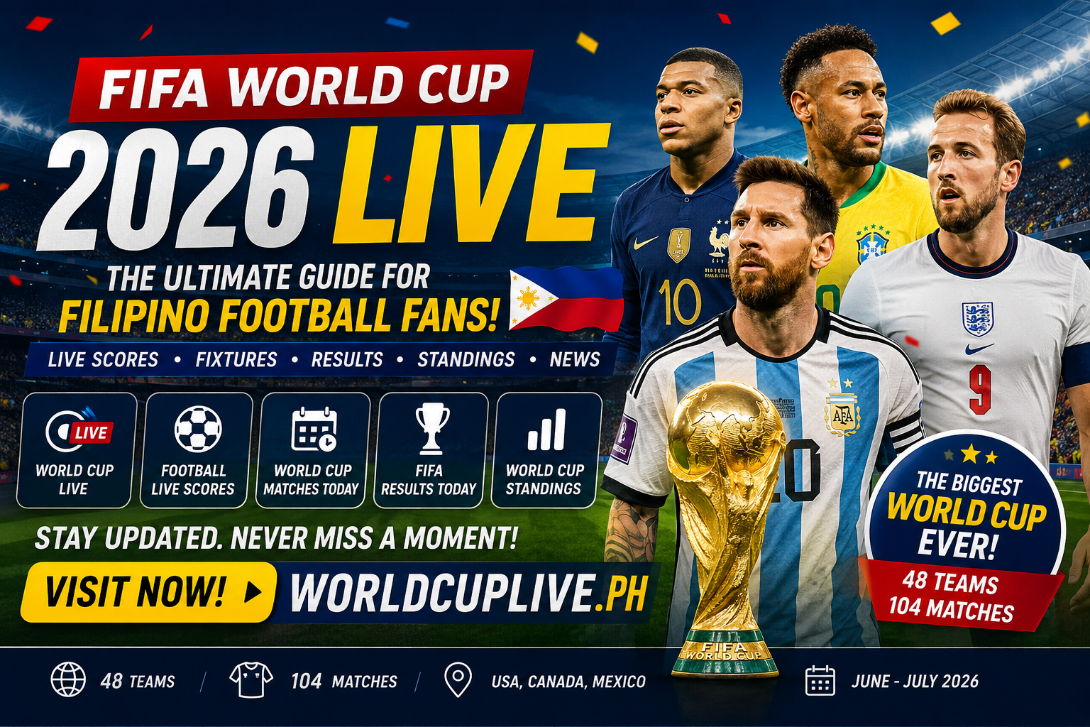 Filipino football fans celebrating FIFA World Cup 2026 with live scores, match schedules, standings, and national team support.